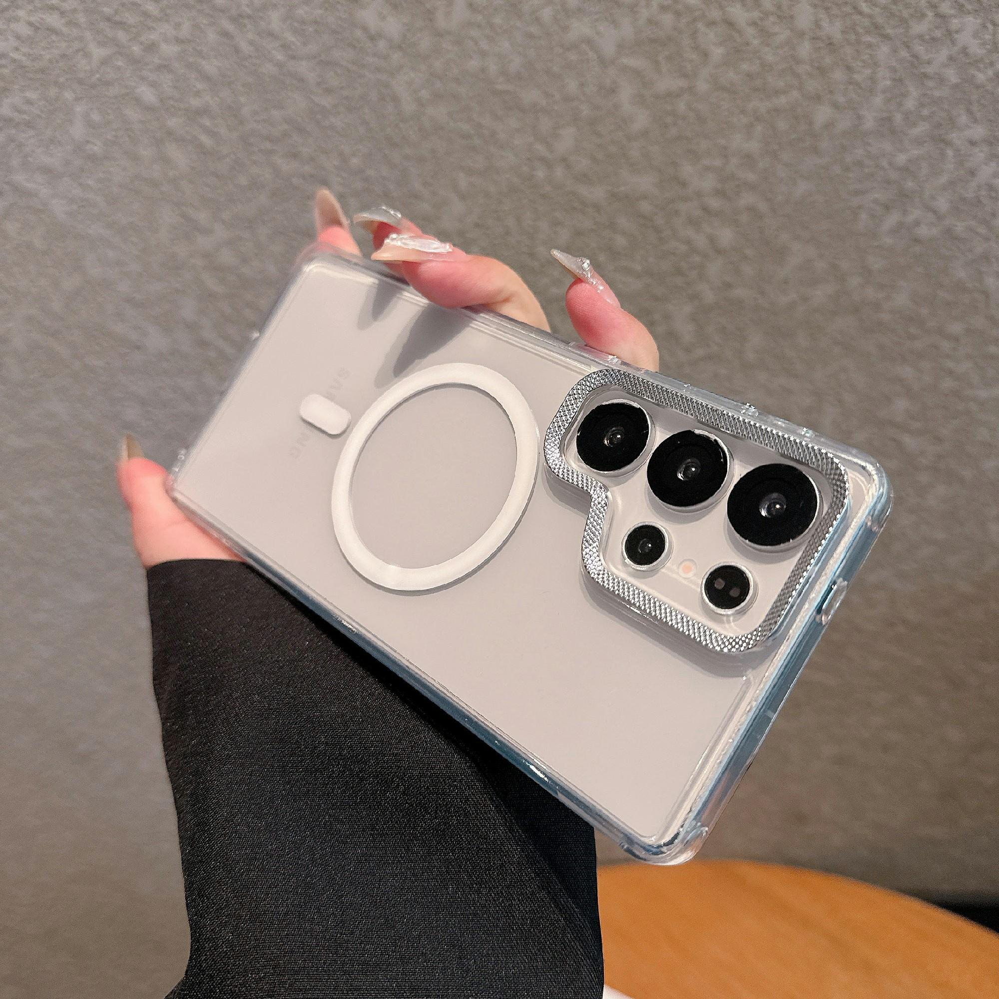 

Чехол для Samsung Galaxy S25 Ultra, совместимый с MagSafe, прозрачный чехол для телефона из ПК+ТПУ с алмазной текстурой и рамкой для объектива White