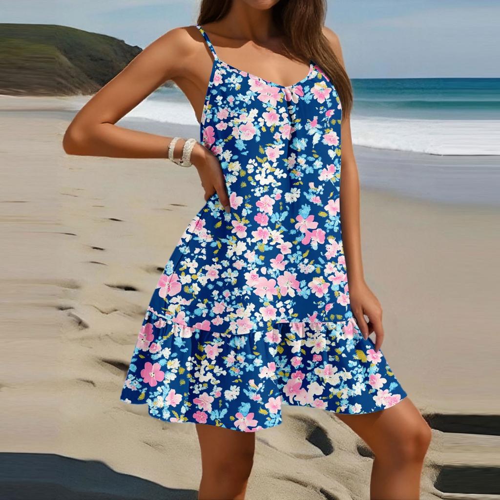 Women's Fashion Casual Sleeveless Round Neck Loose Floral Print Beach Dress