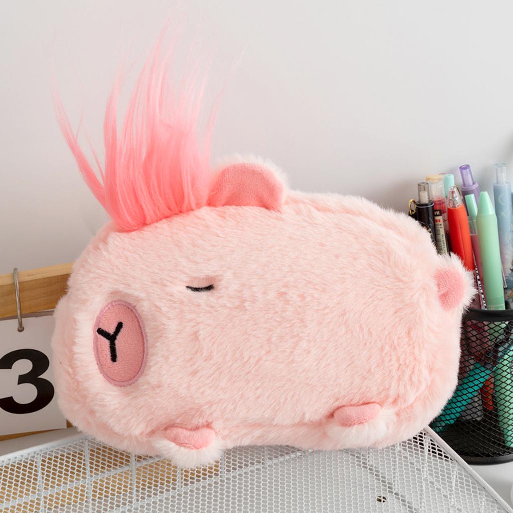 Cute Capybara Plush Pencil Case Large Capacity Spiky Hair Zipper Pen Pouch For Teens Students School Travel Makeup Storage Bag