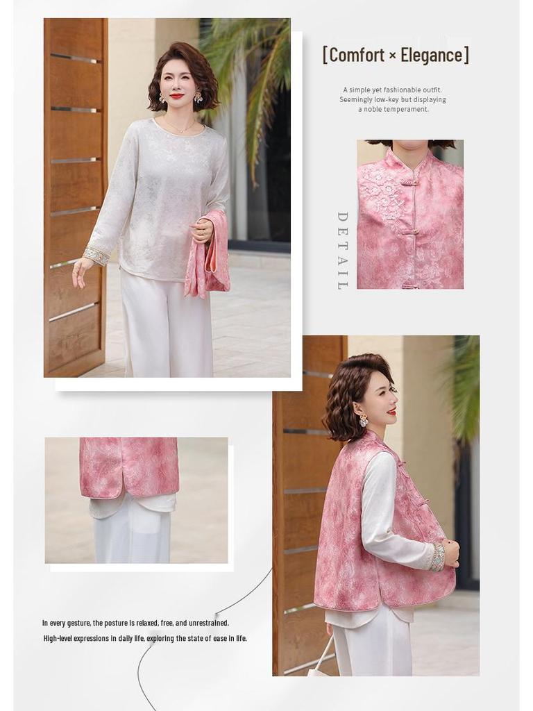 Women's Spring Retro Chinese Style Embroidered Frog Button Jacquard Vest and Shirt Set