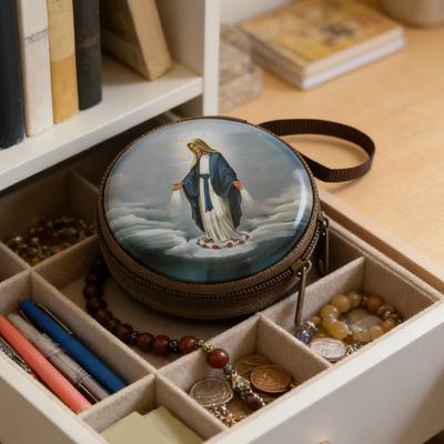 Religious Jewelry Storage Box Catholic Rosary Pouch Coin Purses with Zippers Closures Portable Headphone Bag for Women Men