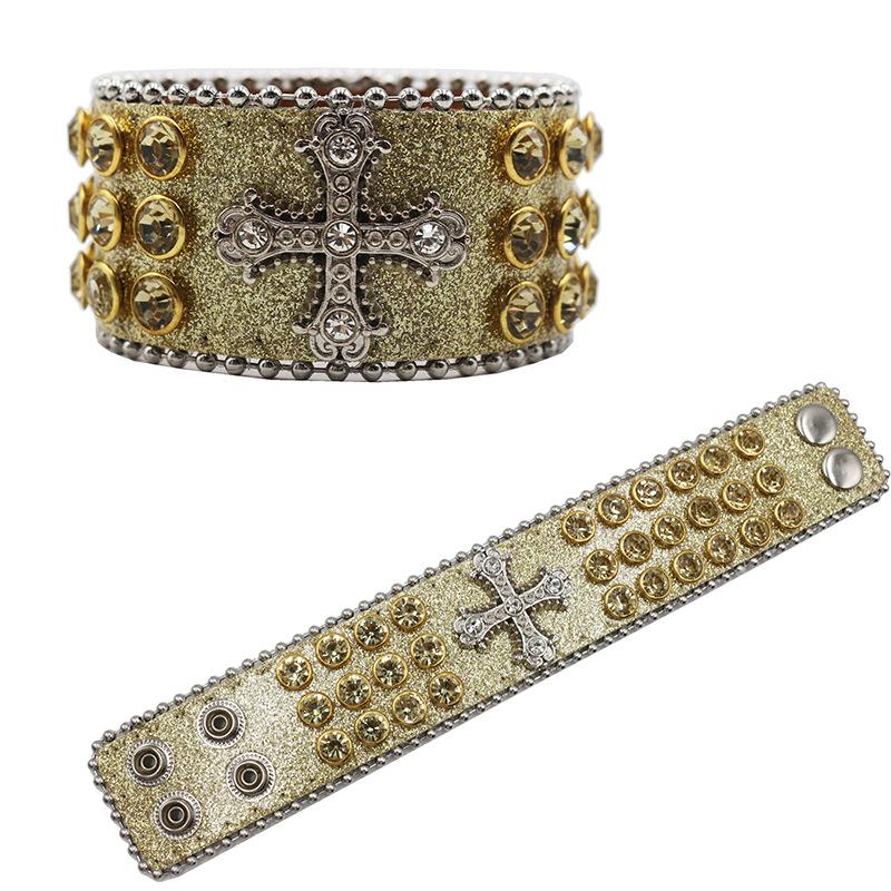 Kreuz Strass Armband Gothic Hip-Hop Punk Diamantenbesetztes PU Leder Armband