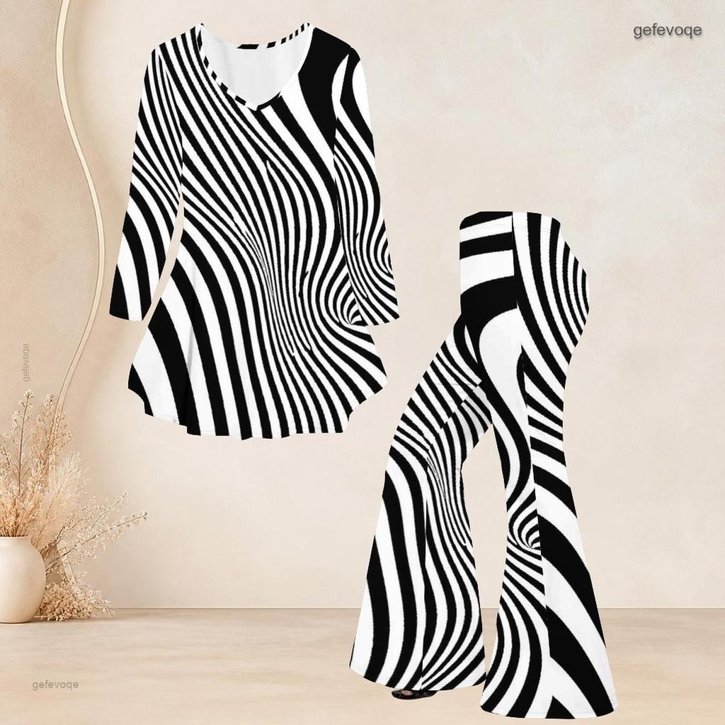 Women Plus Size Two Piece Set V Neck Three Quarter Sleeve Black White Printed Flared Top And Flared Pants