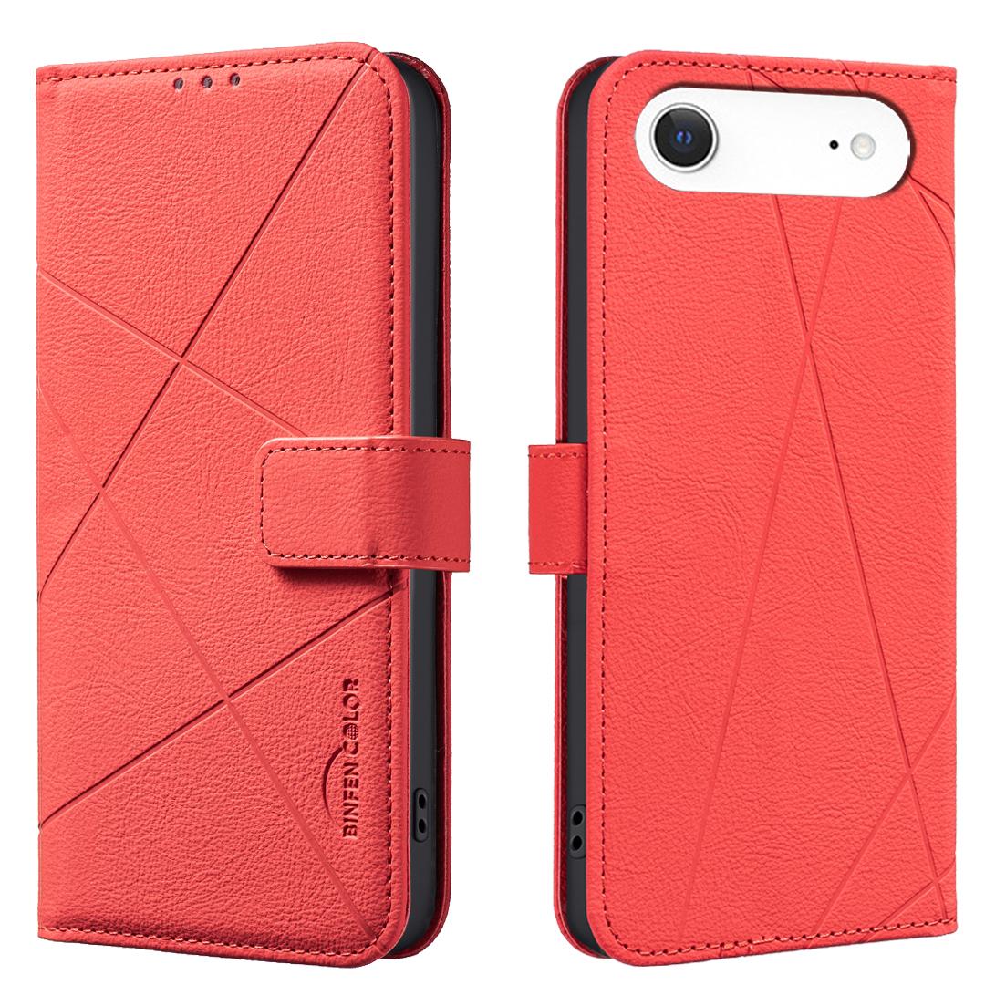 

For iPhone 17 Air Case BINFEN COLOR BF35 Geometry Imprinted Leather Phone Cover RFID Blocking Wallet Stand Red