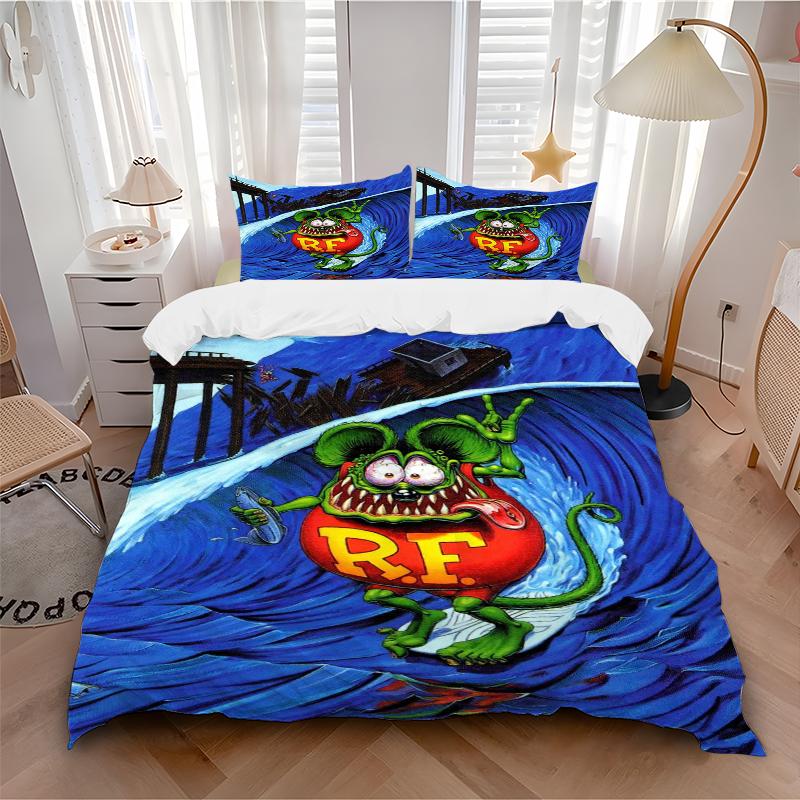 3Pcs Rat Fink Wave Bedding Set Soft Fabric Duvet Cover Pillowcases Home Christmas Xmas Halloween Gift 1 Duvet Cover 2 Pillowcase L1199