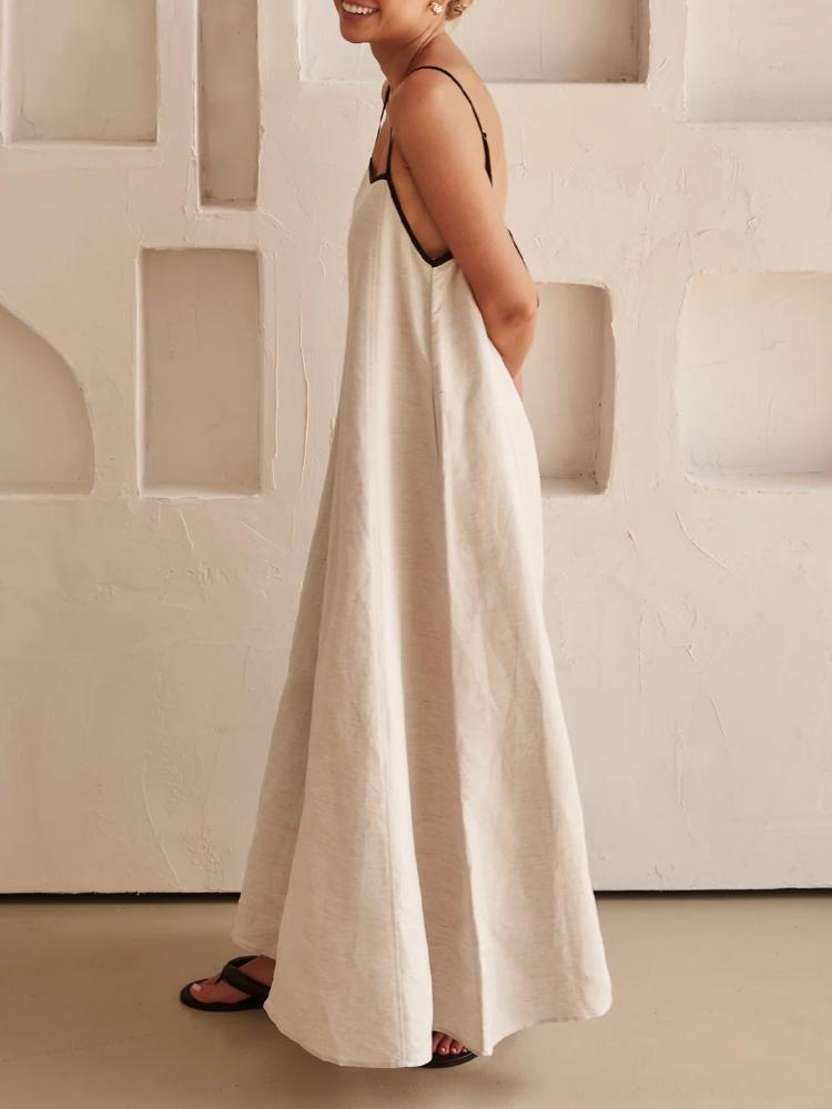 Fashion Contrasting Color Cotton Camisole Dress Spring and Summer Women Simple Loose Ventilate Large Hem Vacation Leisure Dress