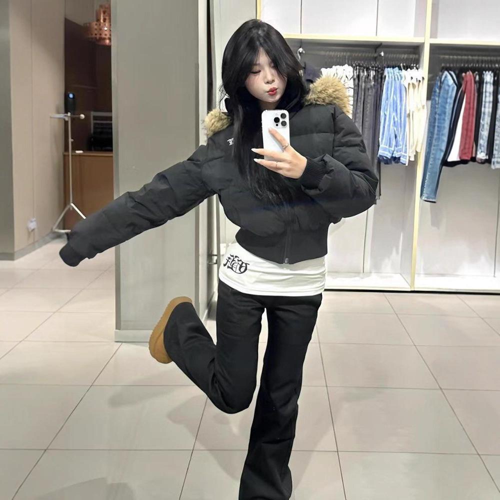 American short black big fur collar hooded cotton clothes women's thin waist cotton-padded clothes advanced new winter coat