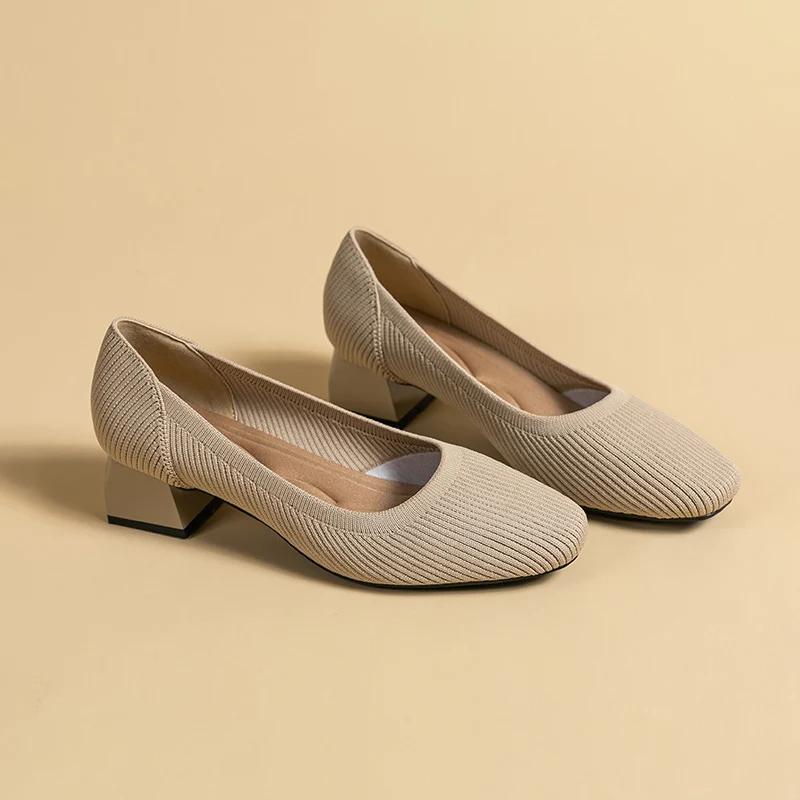 

Women shoes Large high-heeled shoes 2026 Spring and autumn new square head thick heel knitting fashion breathable anti-skid be 34 бежевий