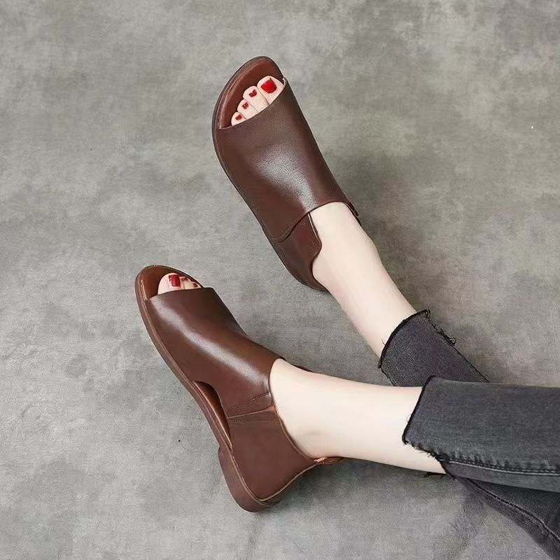 Sandali Estivi Nuovi da Donna in Pelle con Suola Piatta, Punta Aperta, Suola Morbida, Antiscivolo, Leggeri, Bassi, Slip-On, Copri Tacco, Sandali Casual