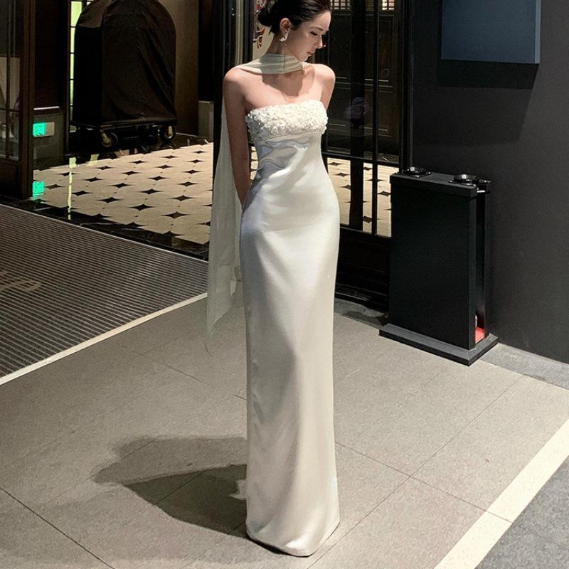 Satin tube top hip dress female slim and thin heavy industry sequined socialite banquet evening dress long dress