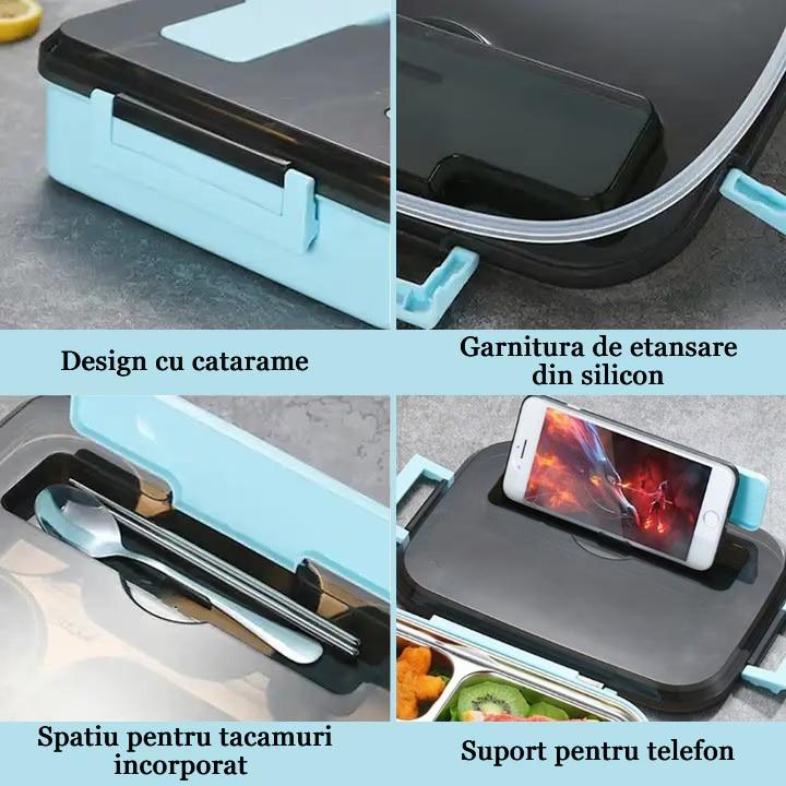 Lunch Box 4 Compartments with Utensils and Soup Bowl, 27.5x20.5cm, Blue, Perfect for School and Office