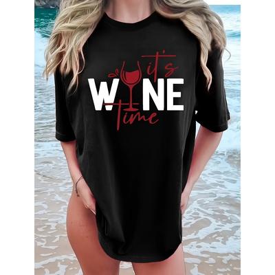 T-shirt Divertente per Amanti del Vino - Grafica "It'S Wine Time", Maglietta Nera Casual Girocollo da Donna, Regalo Perfetto per Tutte le Occasioni