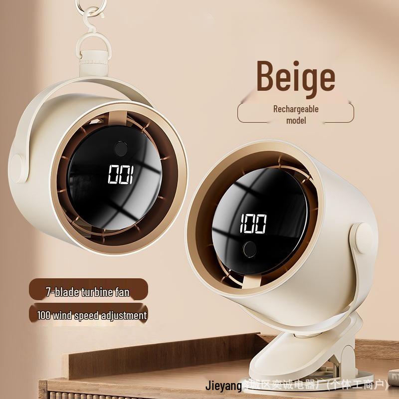 Rechargeable Mini USB Clip-on Desktop Fan with Digital Display for Home, Office, and Dorm.