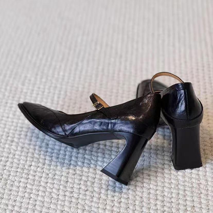 

Туфли Мэри Джейн на толстом каблуке с французской квадратной головкой, женские, весна-осень 2025 года, новые кожаные туфли с пряжкой и ремешком, на высоком каблуке 35