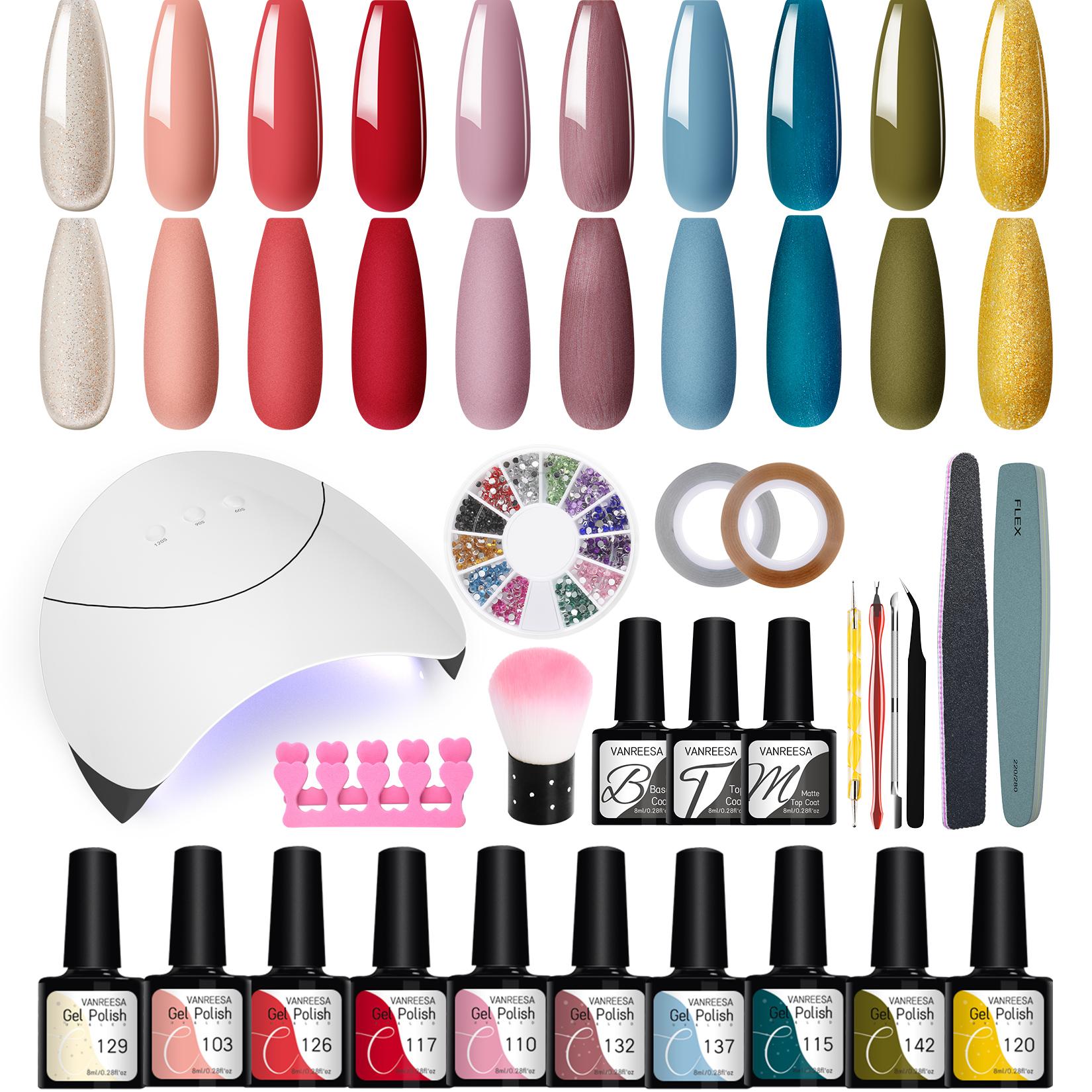 

VANREESA 10 шт. набор гель-лаков для ногтей с лампой для сушки ногтей 36 Вт, отмачиваемая УФ-светодиодная лампа, полуперманентный набор гелей для ногтей, набор инструментов для дизайна ногтей