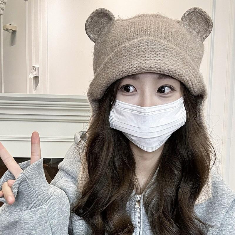 2026 autumn and winter new wool hat female cute bear ear protection cycling warm knitted scarf scarf integrated
