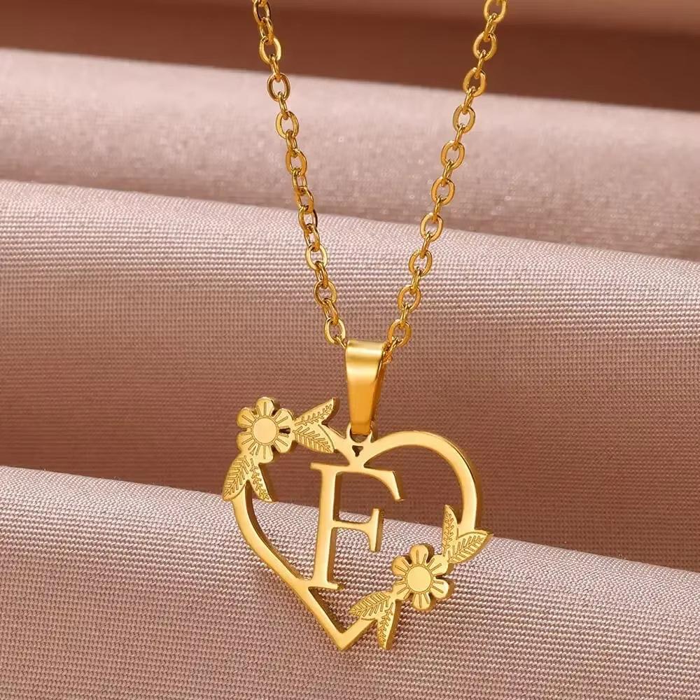 New English Alphabet Heart Pendant Gold Flower Premium Titanium Steel Gold Plated Necklace Clavicle Chain Fresh Woman