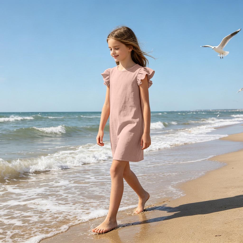 Girls Ruffle Sleeve Casual Dress Crew Neck Soft Fabric Comfortable Fit Simple Design for Everyday Wear