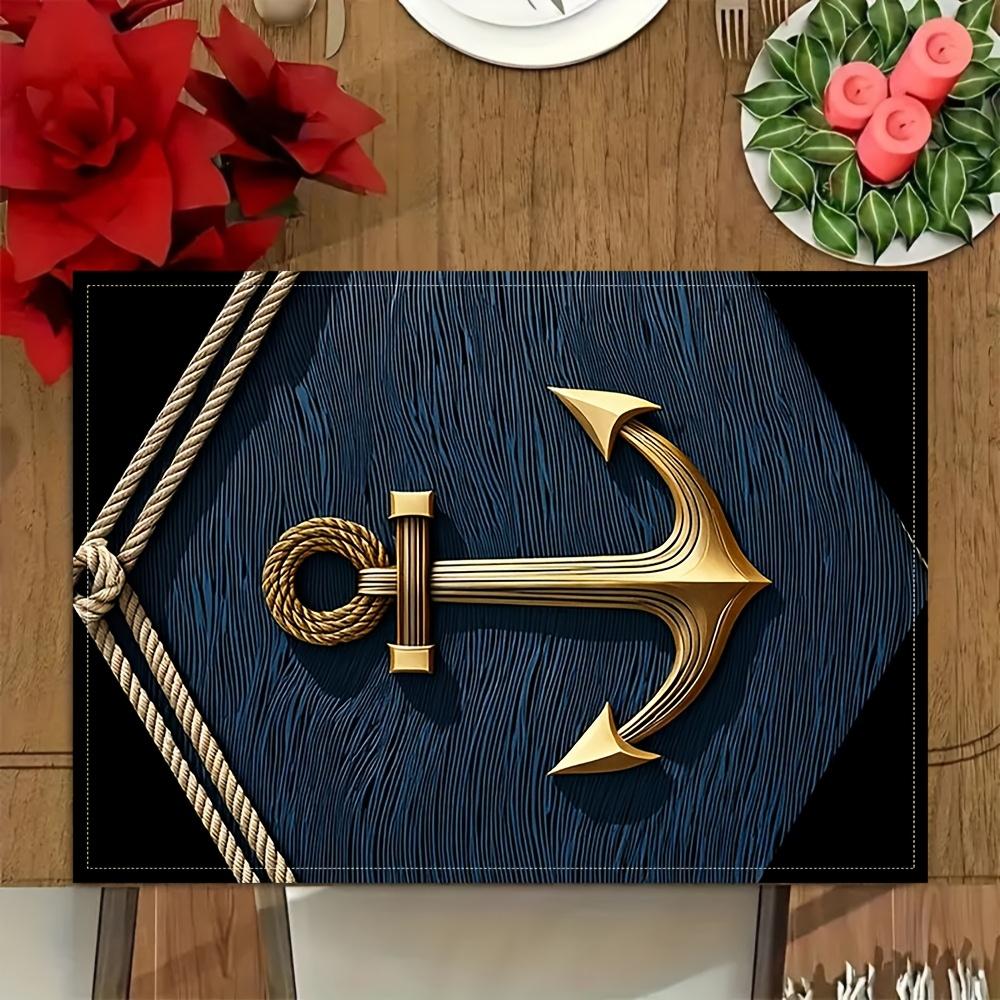 4 Ocean Anchor Pattern Placemats, 100% Rectangular Table Mats, Hand Washed, Size 12x18 Inches, Suitable for Dining, Kitchen, Party and Home Decoration