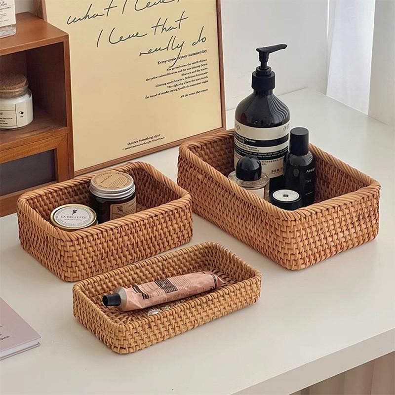 Natural Rattan Storage Baskets, Rectangular Woven Fruit Baskets, Wicker Decoration and Organizer for Bathroom, Living Room