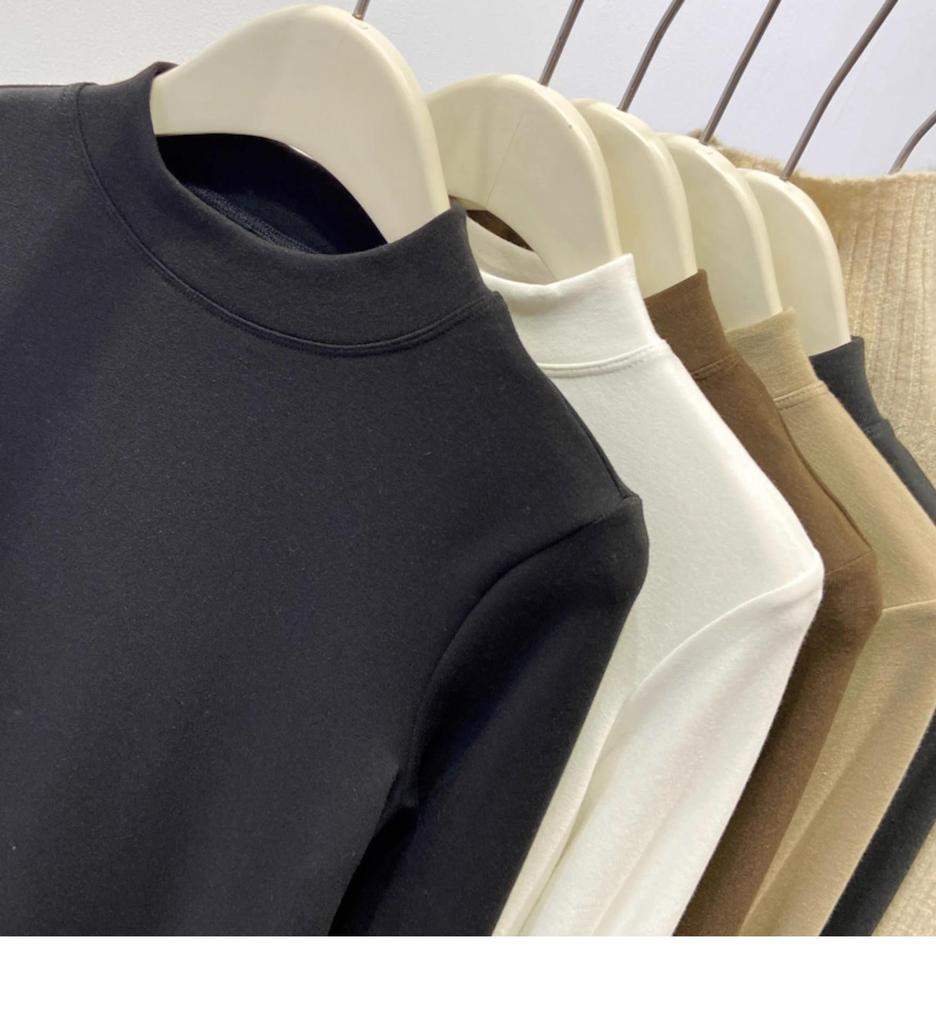 Women's Slim Fit Fleece-Lined Stand Collar Shirt, Brushed Thin Fleece, Long-Sleeve T-Shirt, Autumn/Winter 2025