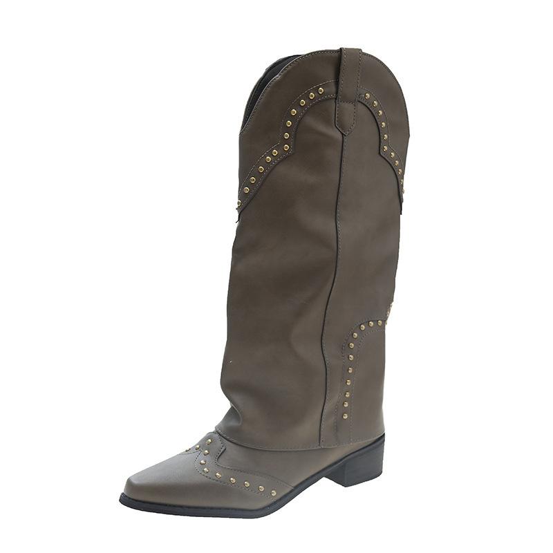 Autumn new retro pointed western boots riveted trouser tube boots trendy versatile thick heel large size boots women