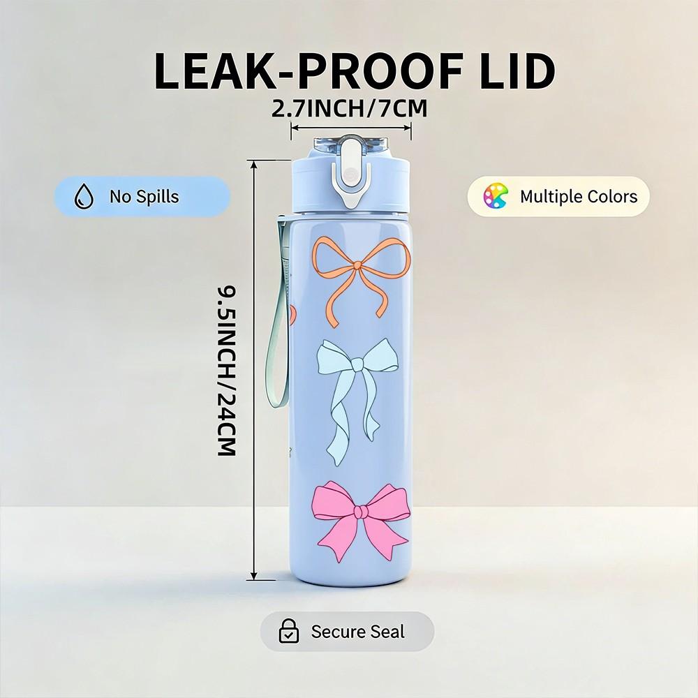 1PC Pastel Bow Ribbon Bowknot Print 750ml Color Plastic Sports Water Bottle Leakproof Flip Straw Lid Suitable for Sports Office Home Use