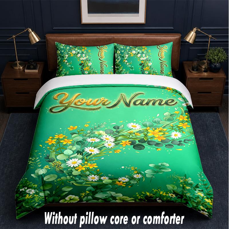Blumiges Thema Benutzerdefinierter Text Oder Name 3-teiliges Bettwäsche-Set, 1 Spannbettlaken & 2 Kissenbezüge Personalisierte Heim-Bettwäsche
