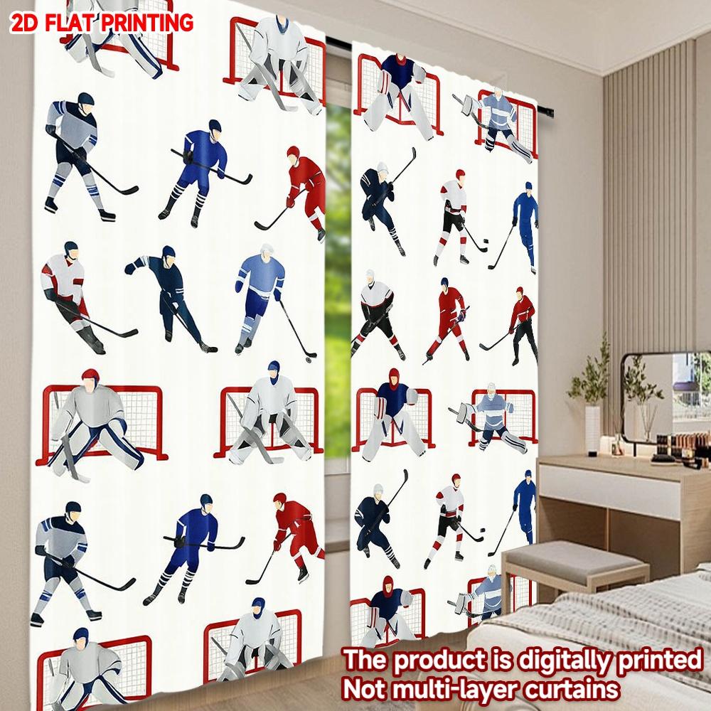 2D flat printing 2pcs Party Curtains Hockey Players and Goals Digital Printed Polyester Drapes Festive Curtains Perfect for