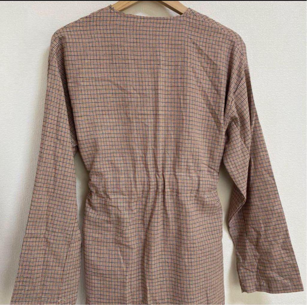 [USED] Brown Check Double-Breasted Coat, No-Collar Long Coat, Korean Style