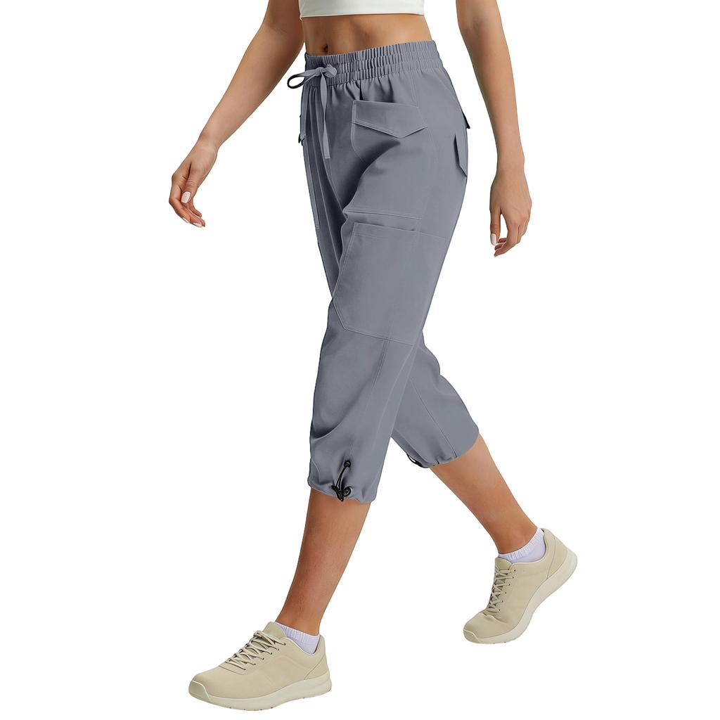 Damen Elastische Hohe Taille 3/4 Hose Lässige Passform Weite Capri-Hosen mit Taschen