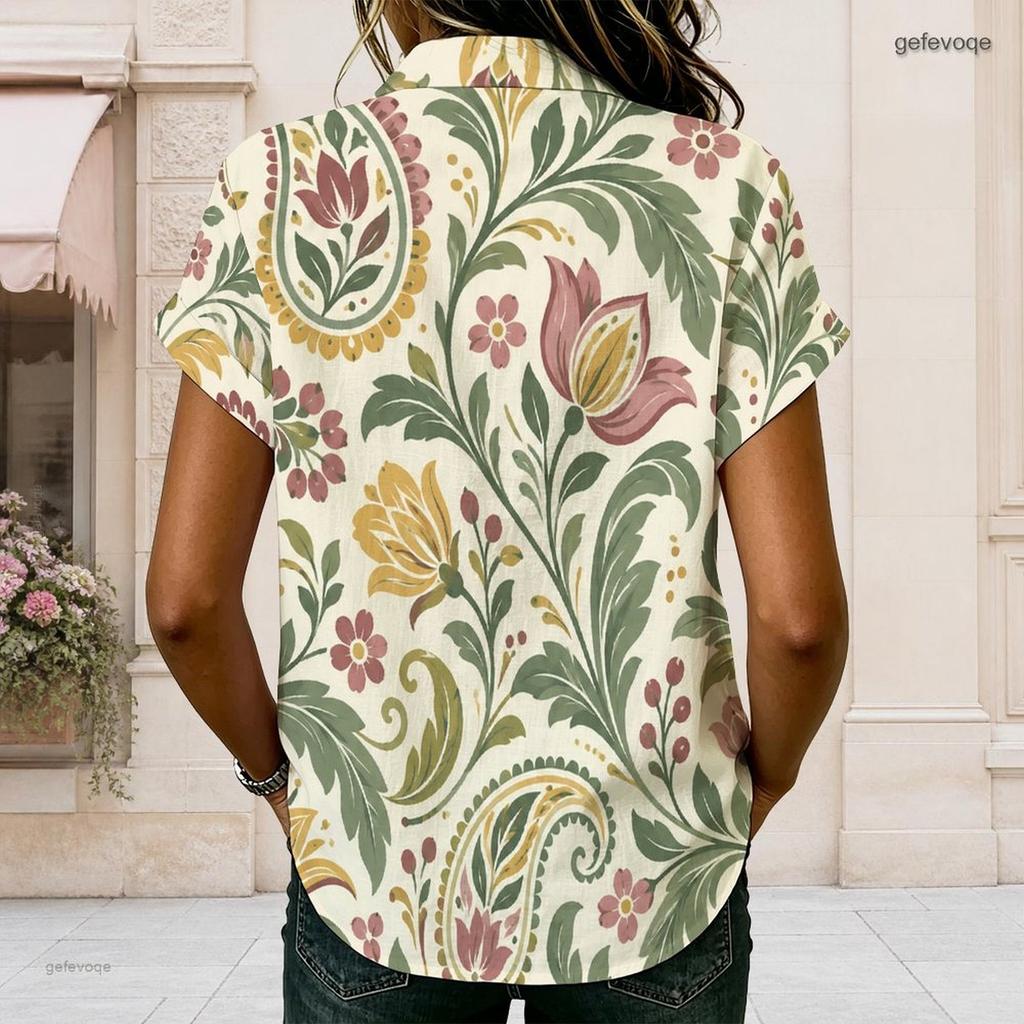 Women Plus Size Paisley Floral Printed Shirt Collared Short Sleeve Button Front Blouse