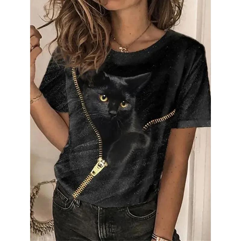 2025 New Fashion Women's T Shirt Lovely Cat 3d Printed T-shirt Women Tshirts Summer O-Neck Short Sleeve Tops Tees Casual Clothes