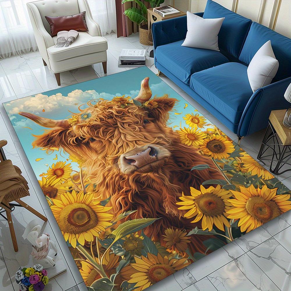 Large Highland Cattle & Sunflowers Printed Area Rug – Durable, Non-Slip Decorative Carpet for Bedroom, Kitchen, or Living Room,