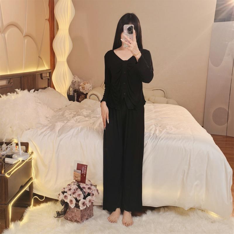 Modal Women's One-Piece Pajama Set with Built-In Bra - Long Sleeve, High-End, Home & Outdoor Wear for Spring & Autumn