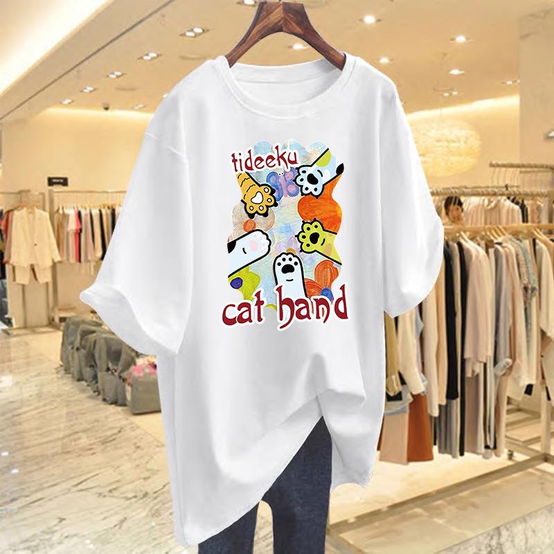 

New cartoon cat age-reducing printed pure cotton versatile large version loose short-sleeved t-shirt women s top bottoming shirt S