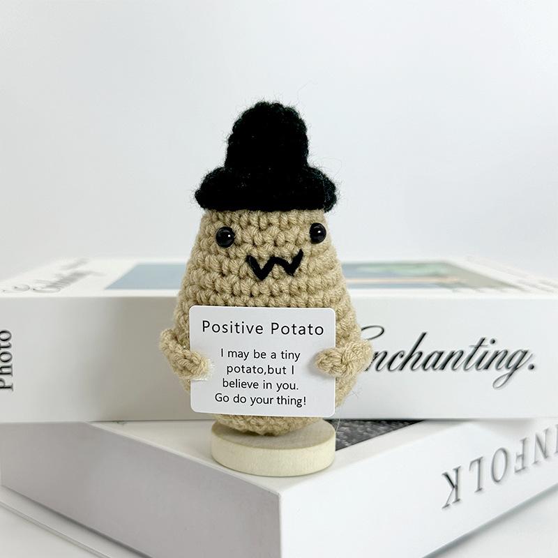 Funny Positive Crochet Cow Doll Desktop Ornament Handmade Cheer Emotional Support Positive Cow with Card Home Party Decoration
