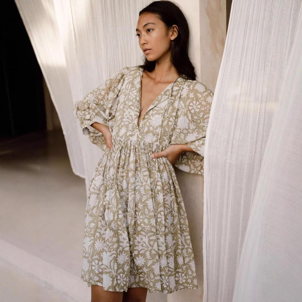 Women's Floral Tie-Back Casual Cotton Dress - Short Sleeve & Loose Fit for Beach Holidays