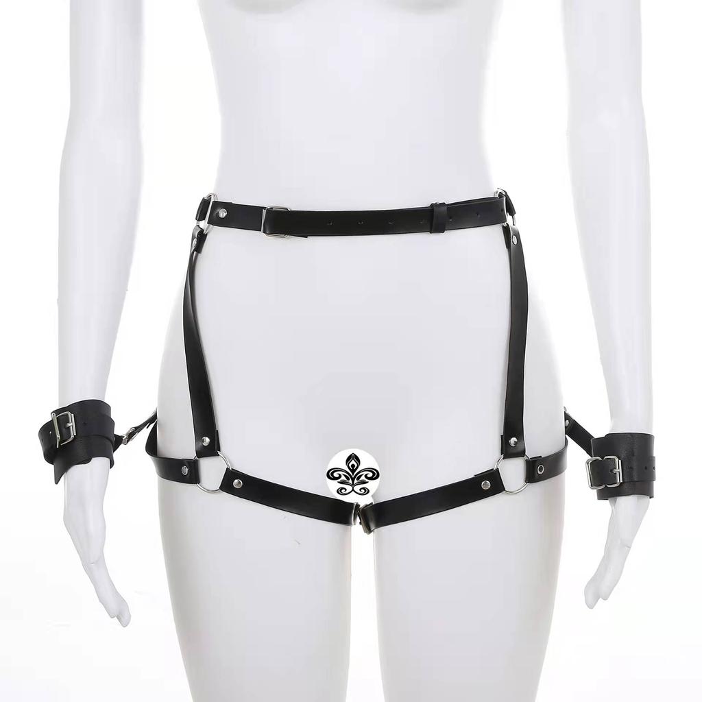 Best Selling and America Couple Sex Toys Leather Double Sided Personal Binding Hollow Out With Handcuffs Wearing