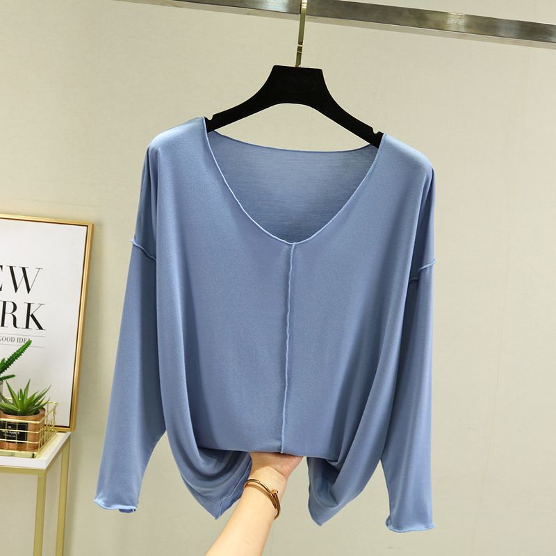 

Summer Modal V Neck Long Sleeves T-Shirt Women s Outwear Loose Plus Size Tops Inner Wear Pure Color Thin New Arrival Bottoming Shirt Light blue L (Recommendation 50.00 kg-60.00 kg
