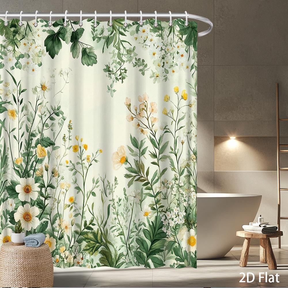 

Floral Shower Curtain – White & Yellow Flowers With Green Leaves, Waterproof Polyester, 72X72 Inch, Botanical Bathroom Decor W60H190(CM)-1 Pcs