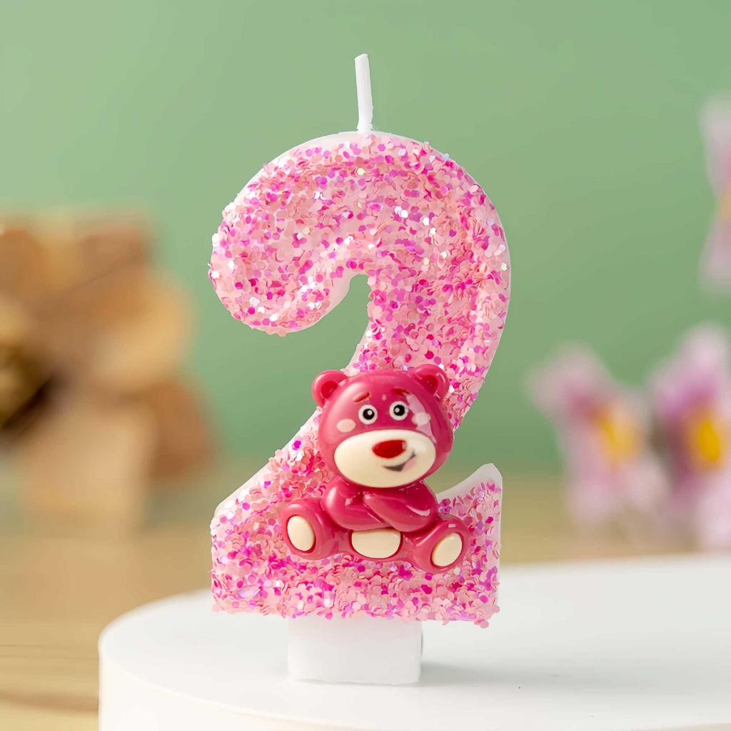 Cartoon Pink Bear Birthday Number Candles Cake Decoration