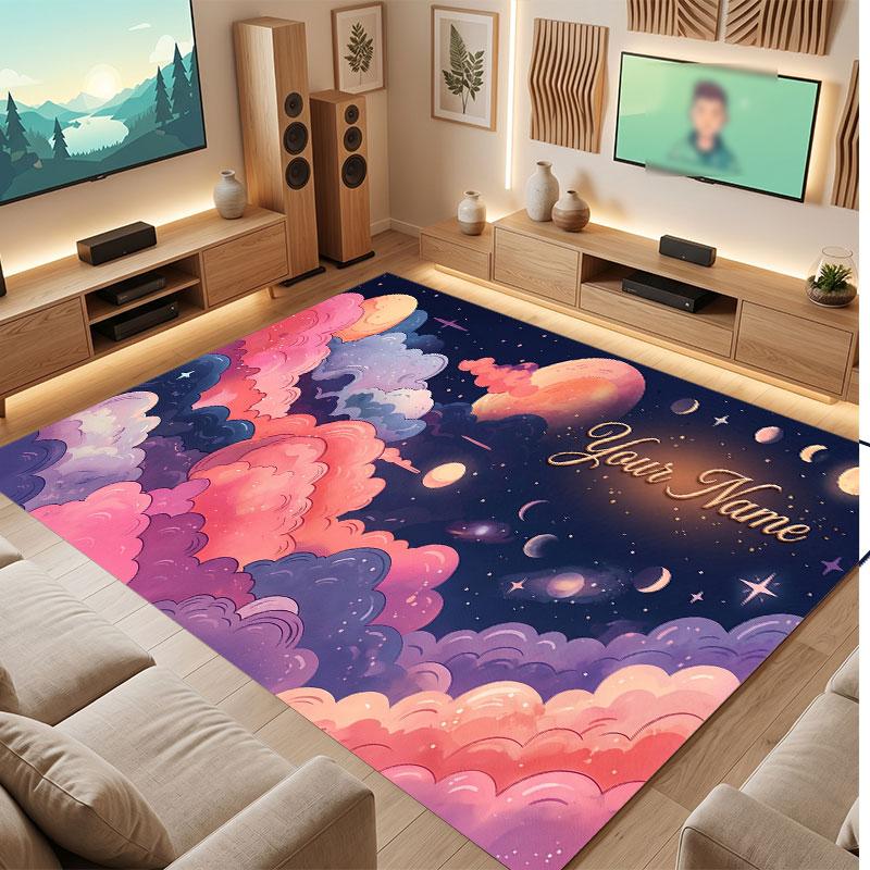Space Cosmic Theme Crystal Velvet Floor Rug Personalized Custom Name Text Warm Carpet Home Decoration