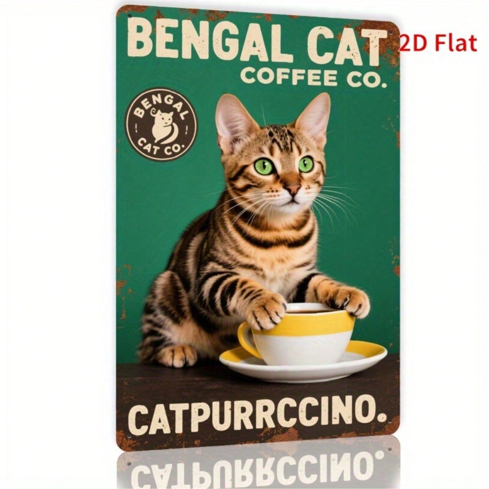 

Vintage Cat Coffee Shop Sign Bengal Cat Metal Wall Art Indoor Outdoor Decor 20x30cm（7.8x11.8inch）