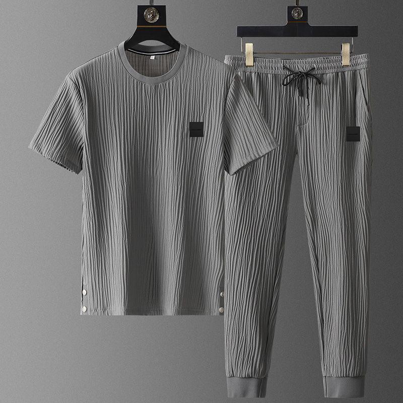 Men Outfit Sports Men's Summer Pleated Shirt Pants Two Piece Set Breathable Tracksuit Daily Wear Soft Thin Casual