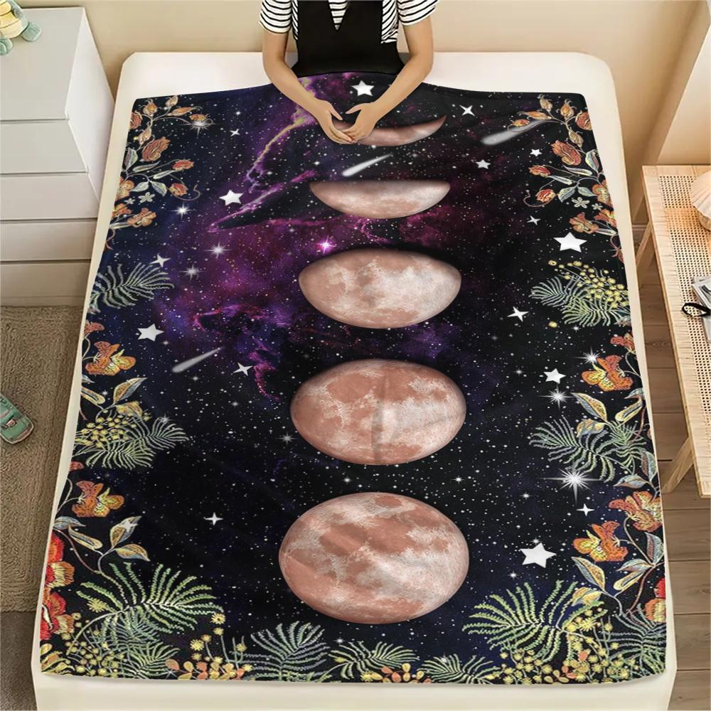 1Pc Floral Moon Print Flannel Blanket, High Quality Comfortable for All Seasons, Home Decor, Warmth and Comfort, Perfect for Gifts