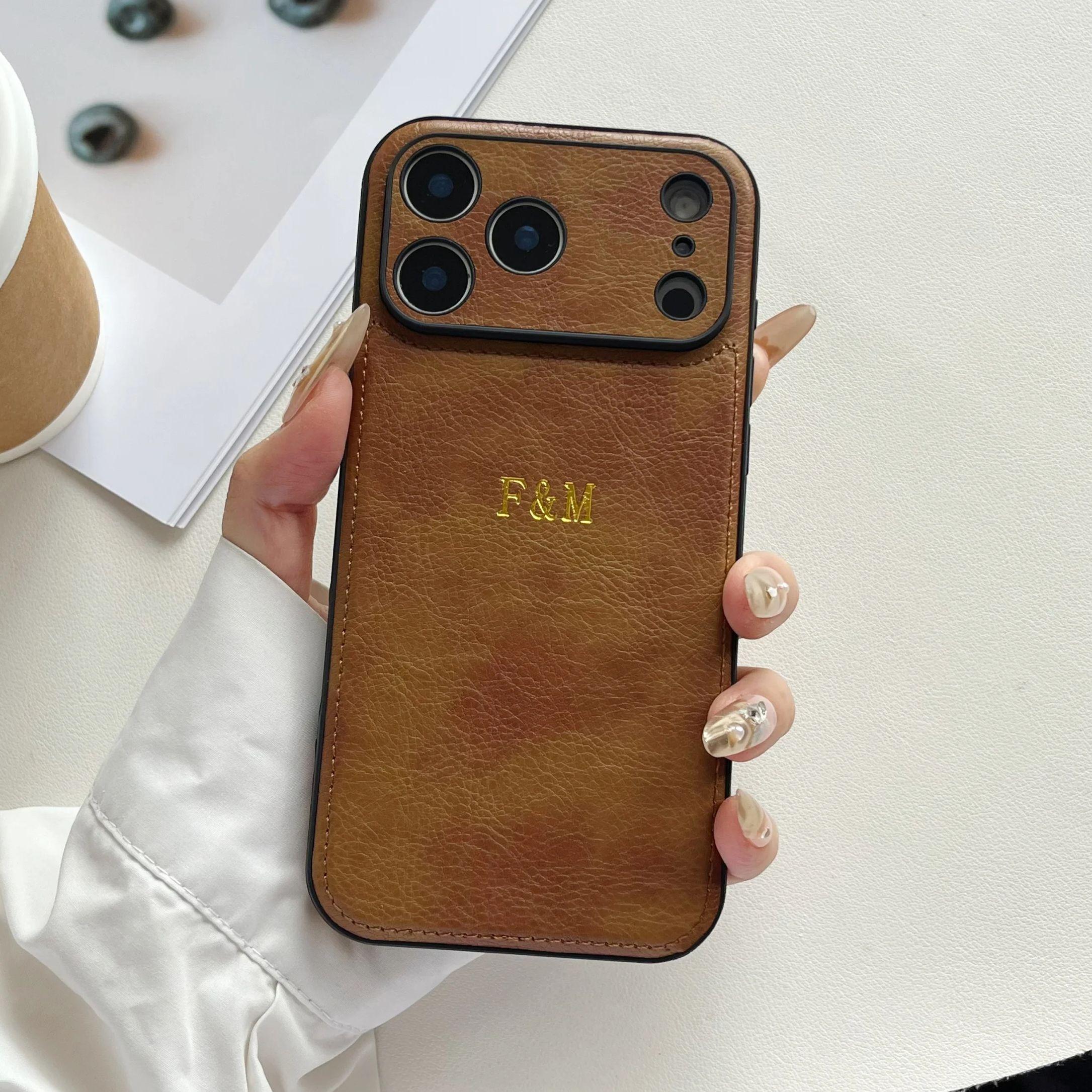 

Luxury Personalized Custom Name Hot Gold Foil Embossed Faux Leather Phone Case For iPhone 11 12 13 14 15 16 17 Pro Max Air Plus For iPhone 15Pro
