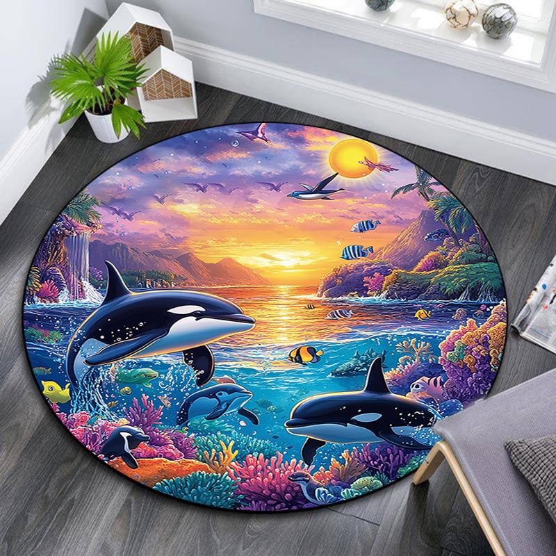 Orca Whales Round Area Rug,Carpet Rug for Living Room Bedroom Sofa Playroom Decor,Non-slip Floor Mat