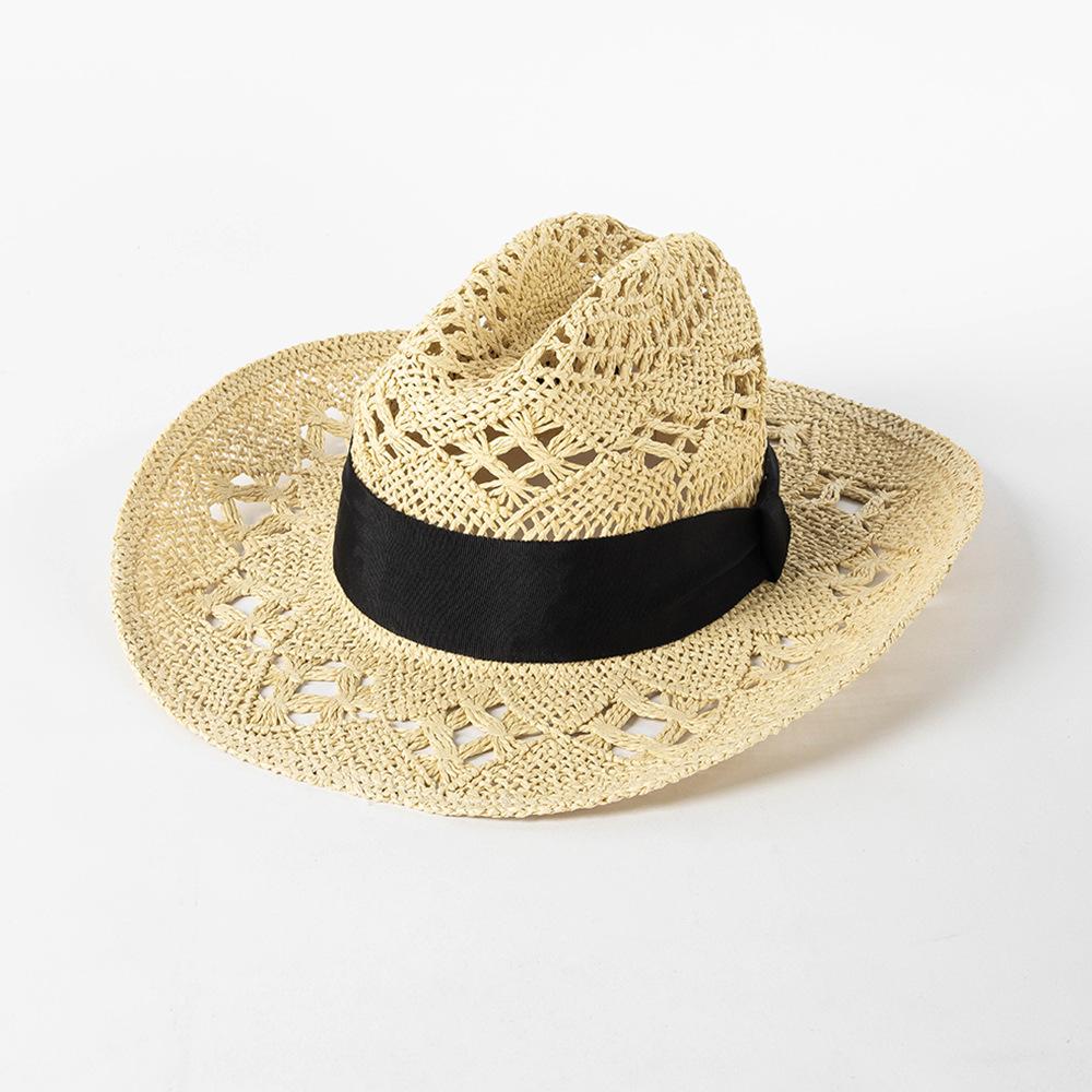 2023 New Fashion Casual Hollowed Out Hand Braided Bow Webbing Cowboy Straw Hat Outdoor Travel Sun Protection Sunshade Straw Hat