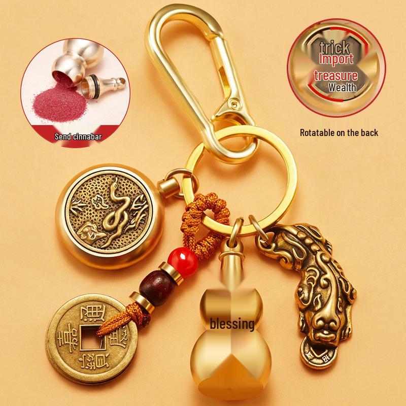 Pixiu Guardian Brass Pendant: Five Emperors Coins & Zodiac Buddha Keychain for Wealth & Protection